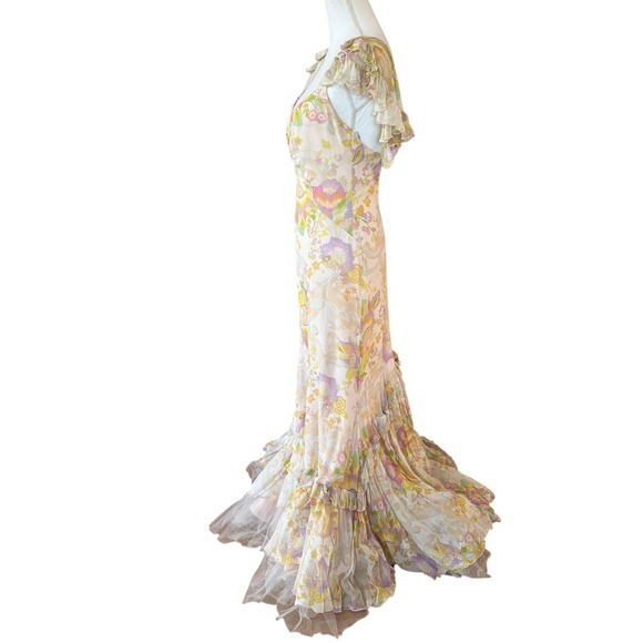 Hartnell Maxi Dress Floral Ruffle Flutter Sleeve V Neck Gown S M Silk - Picture 5 of 14